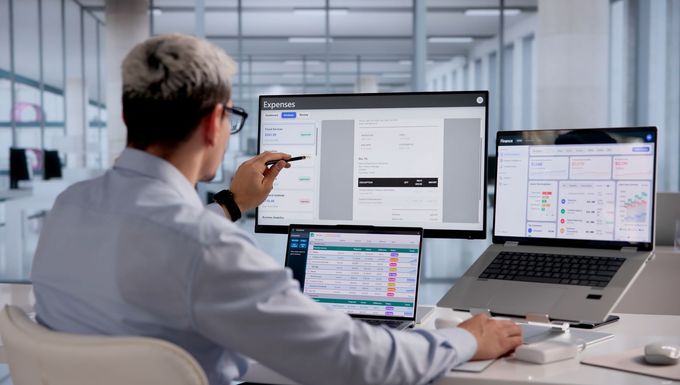 Person working at a desk with multiple computer screens in a bright office.