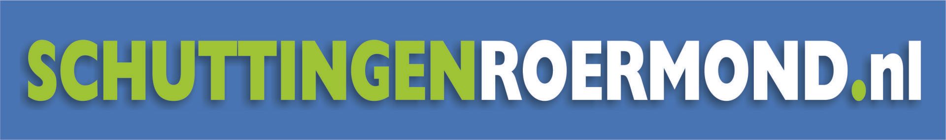 Logo voor de website Schuttingen Roermond, Nederland, in groene en witte tekst op een blauwe achtergrond.