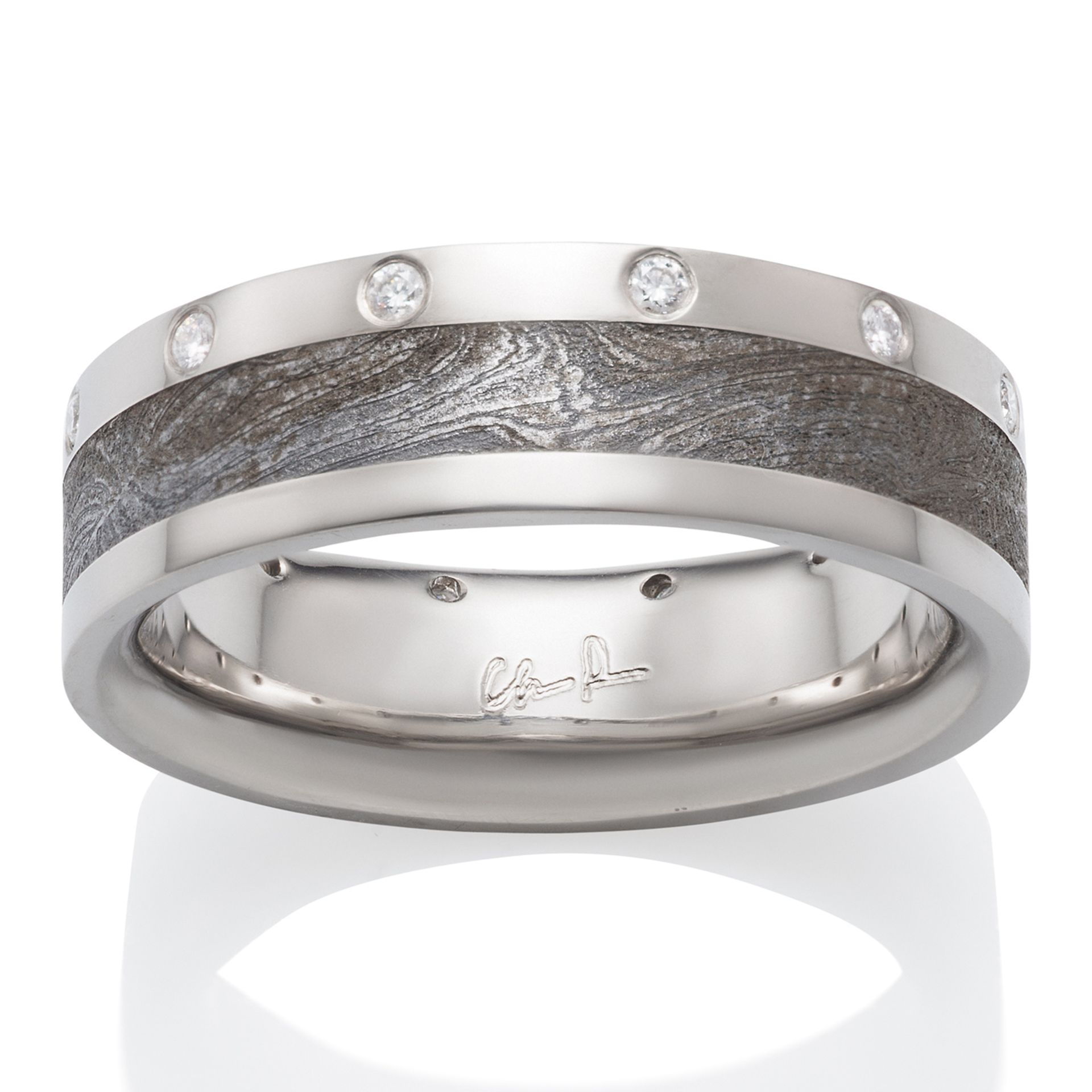 Damascus Shotgun Barrel Ring with Diamonds