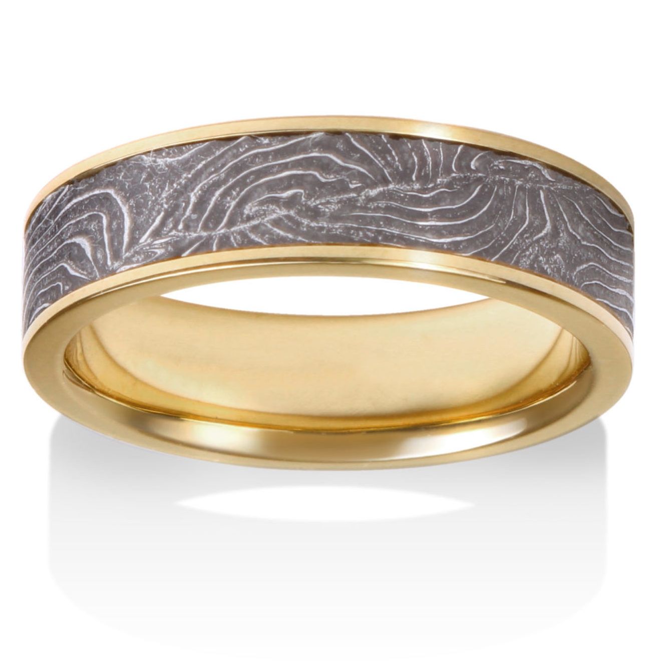 Damascus Shotgun Barrel Ring - 18K Yellow Gold