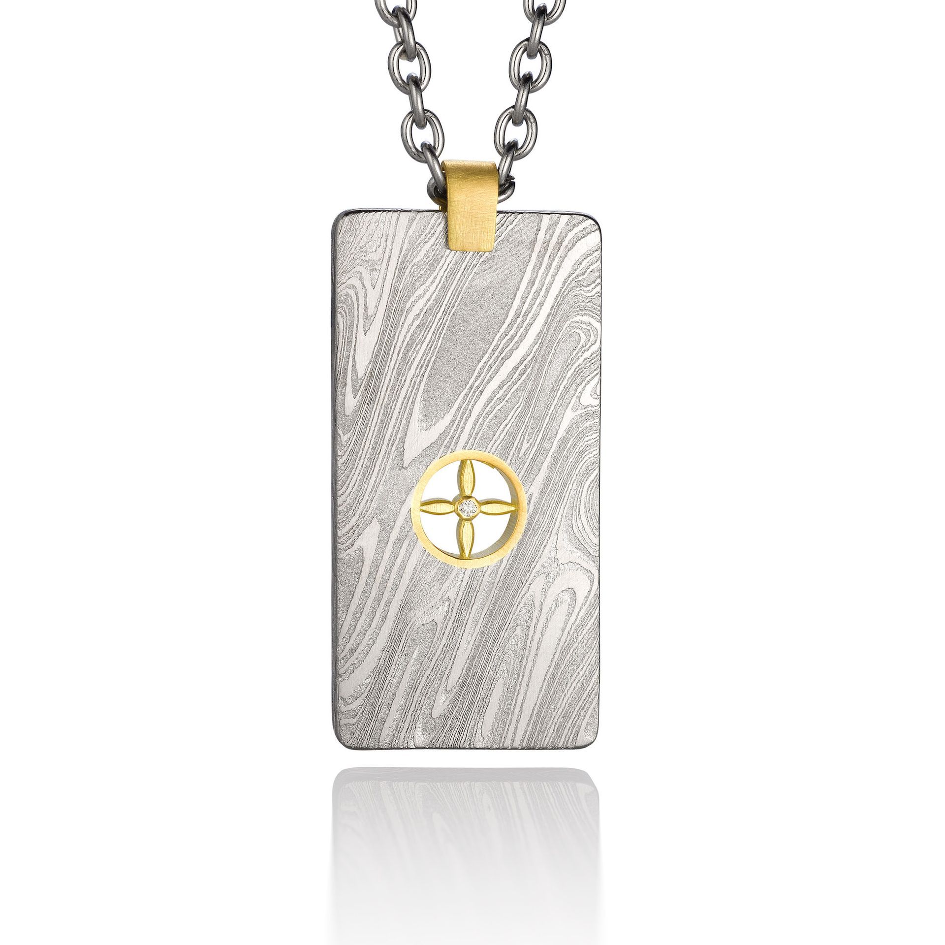 Damascus Dog Tag with Gold Inlay - Four Leaves