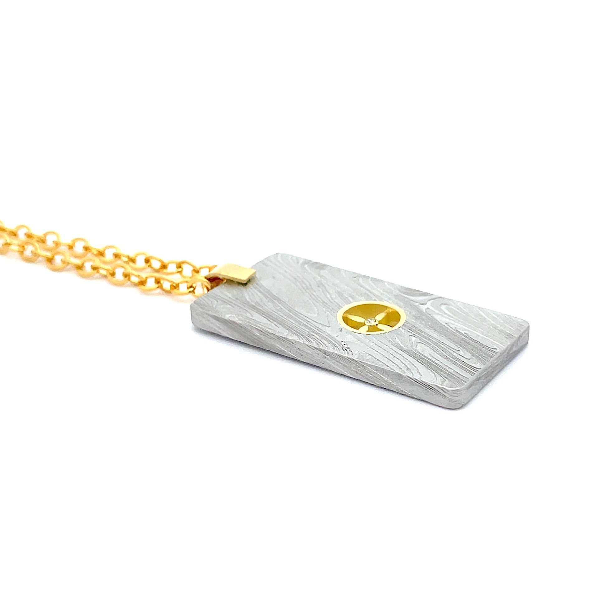 Damascus Dog Tag with Gold Inlay - Four Leaves