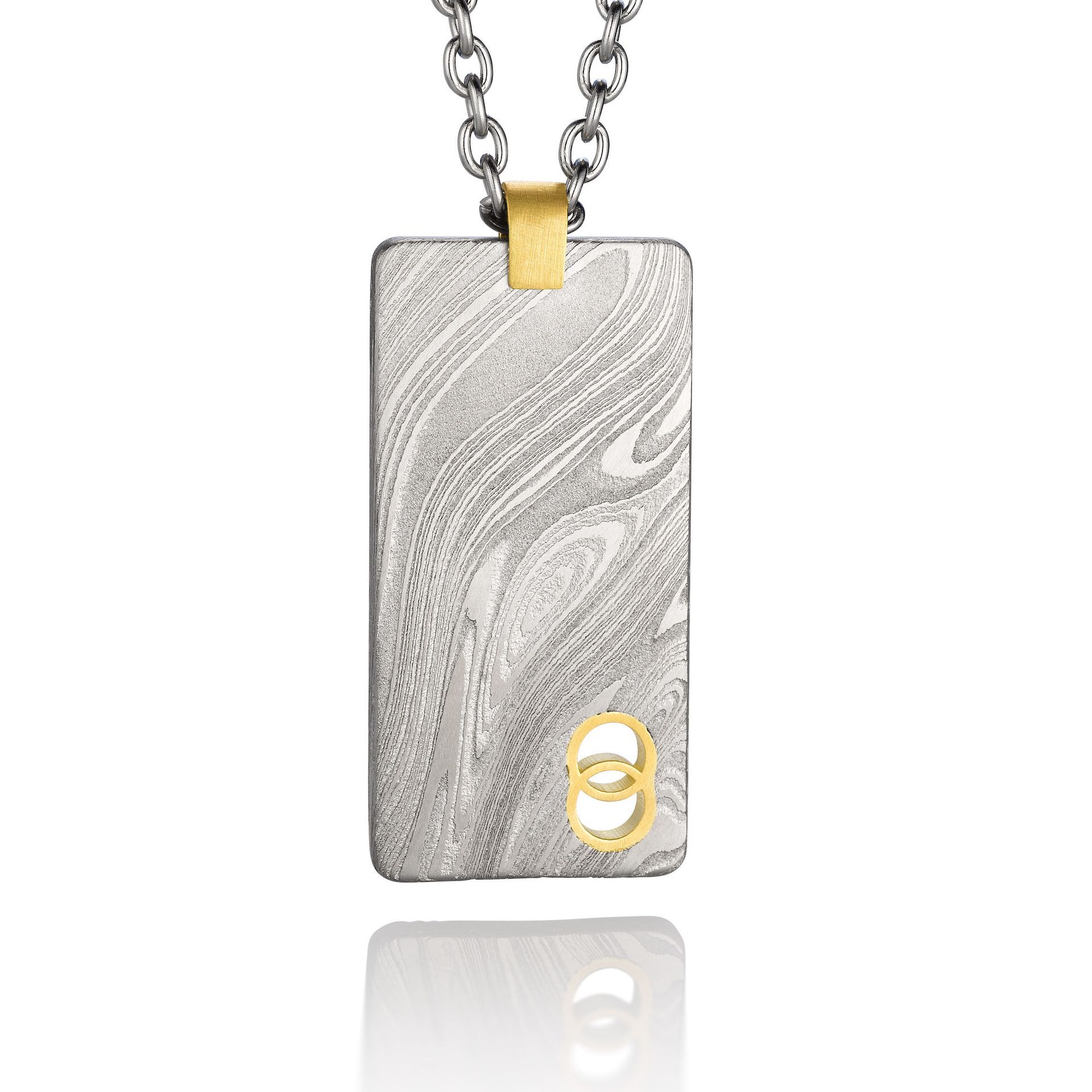 Damascus Dog Tag with Gold Inlay - Vertical Double Circle