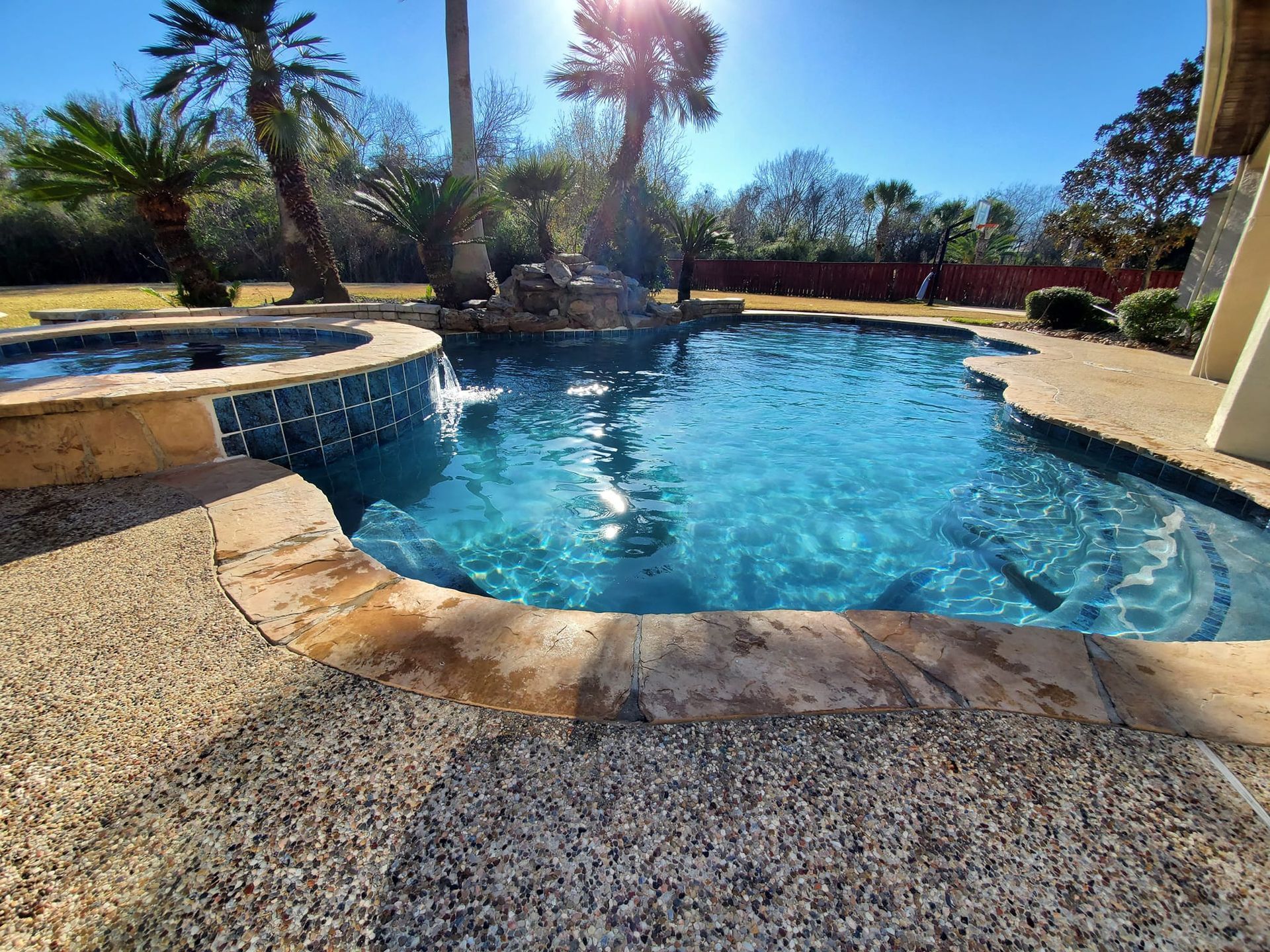 Backyard pool with blue water, stone edge, and palm trees in bright sunlight
