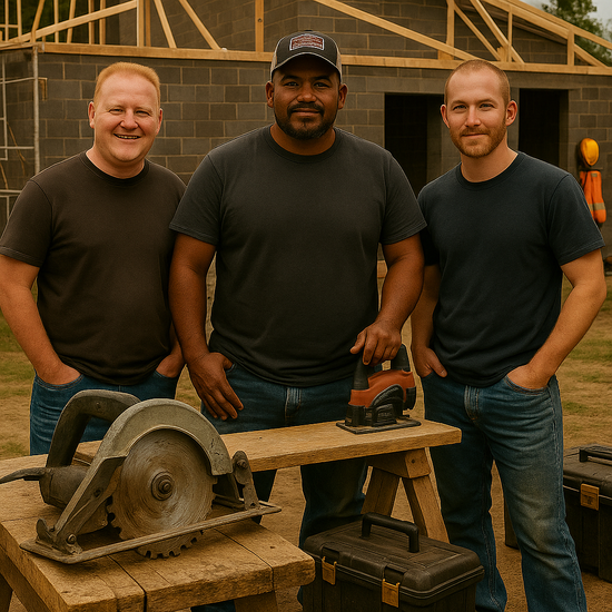 A man in a plaid shirt is using a drill under a sink.