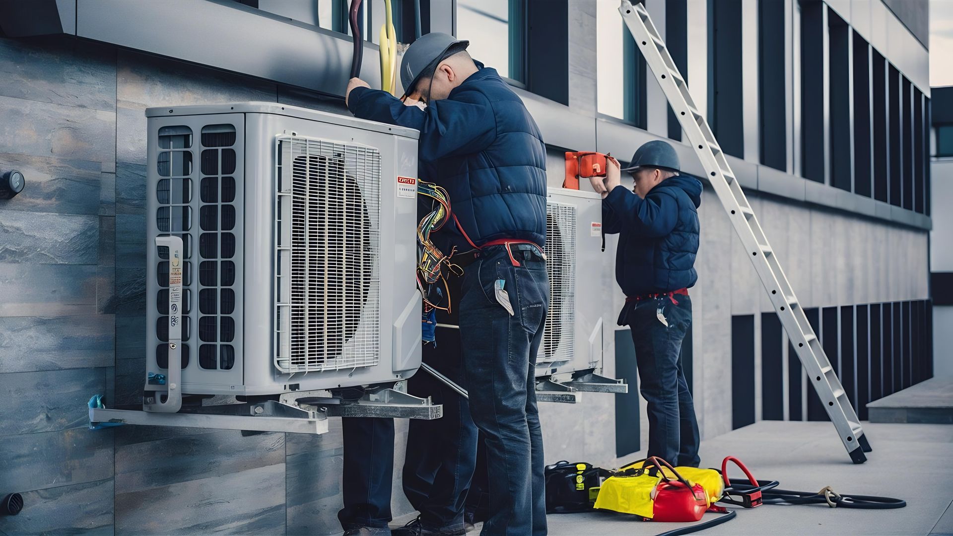 Two HVAC technicians installing an outdoor air conditioning unit on a building.