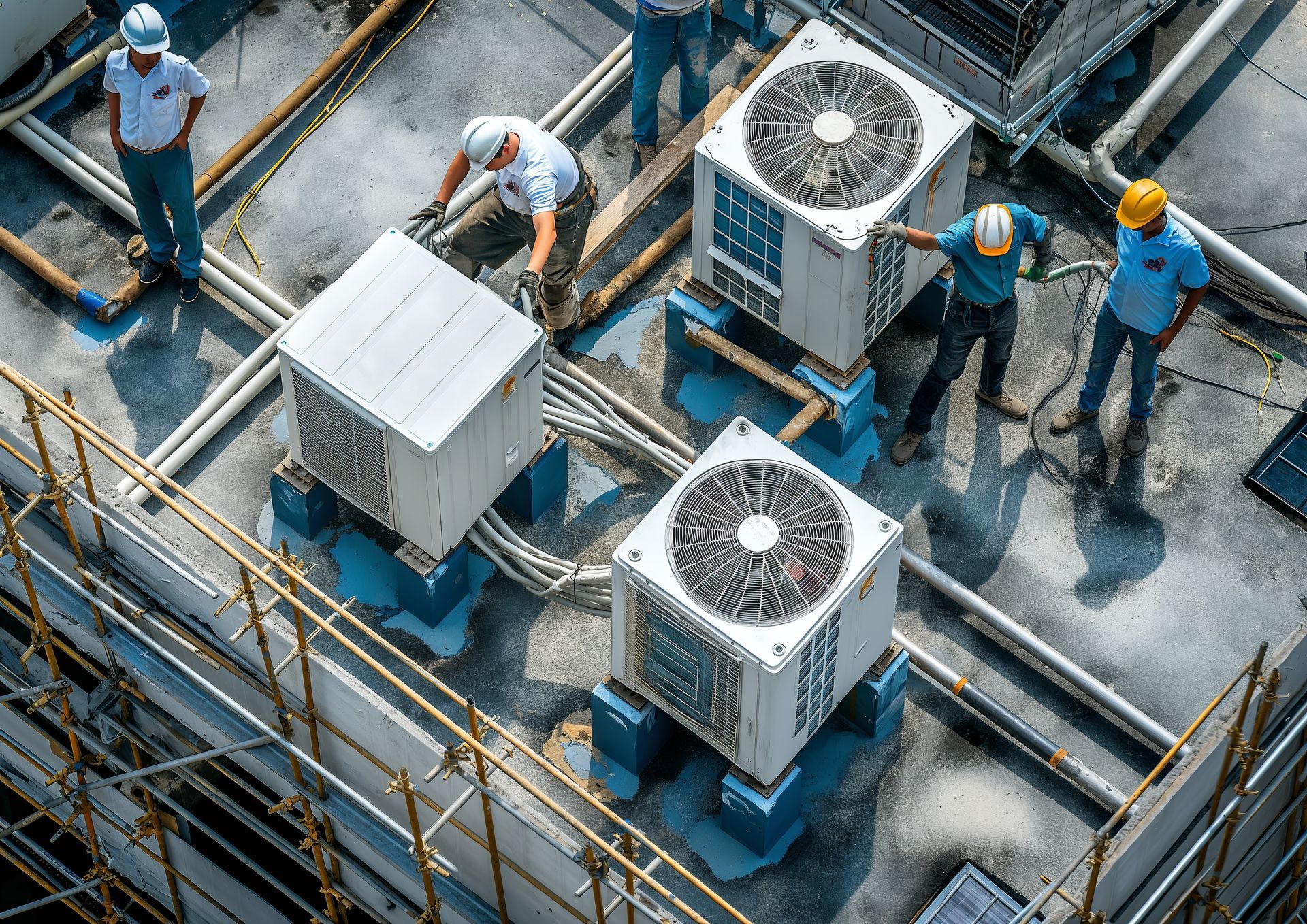 Workers on a rooftop install or maintain large air conditioning units, surrounded by pipes and equipment.
