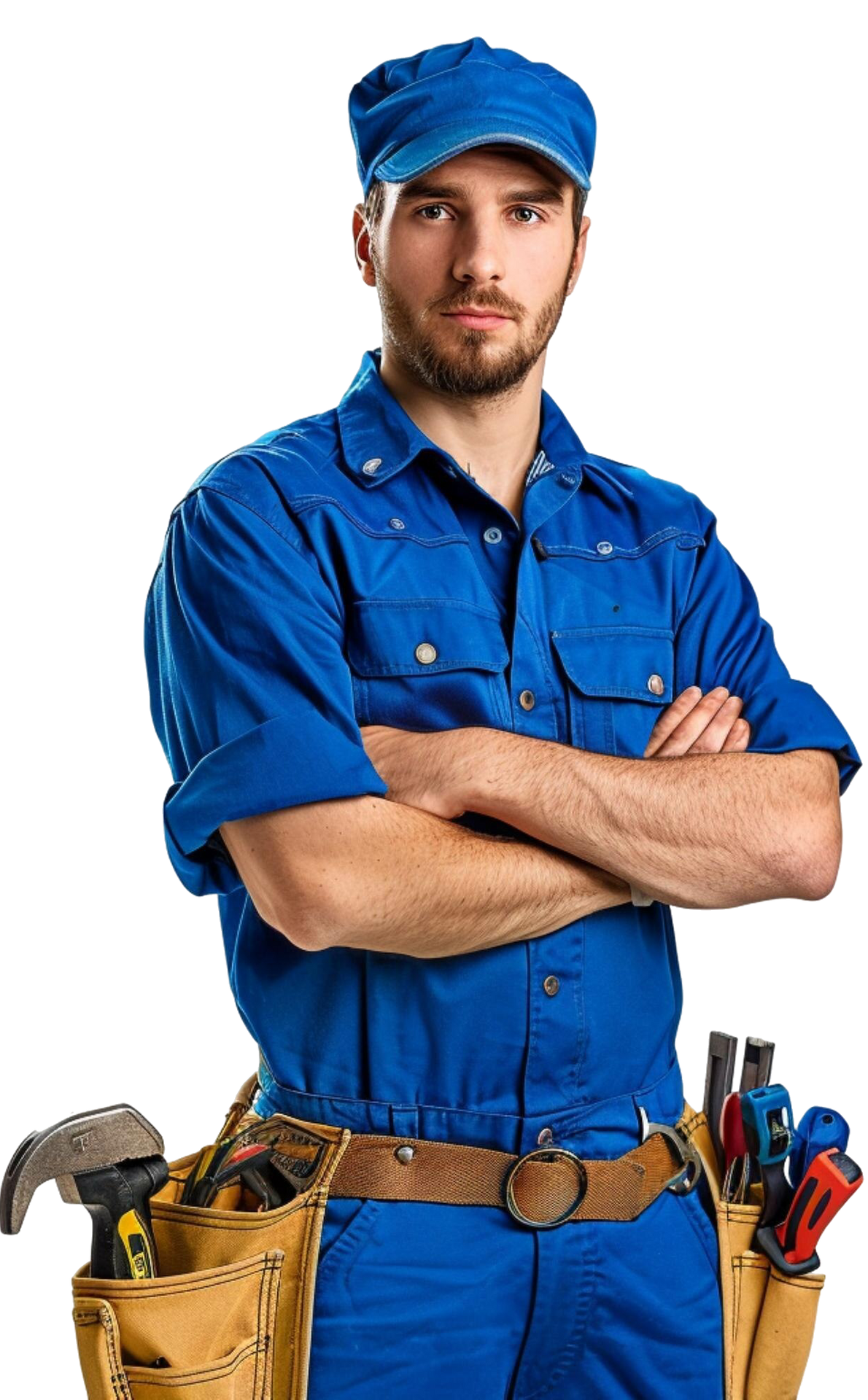 Man in blue work suit with tool belt, arms crossed.
