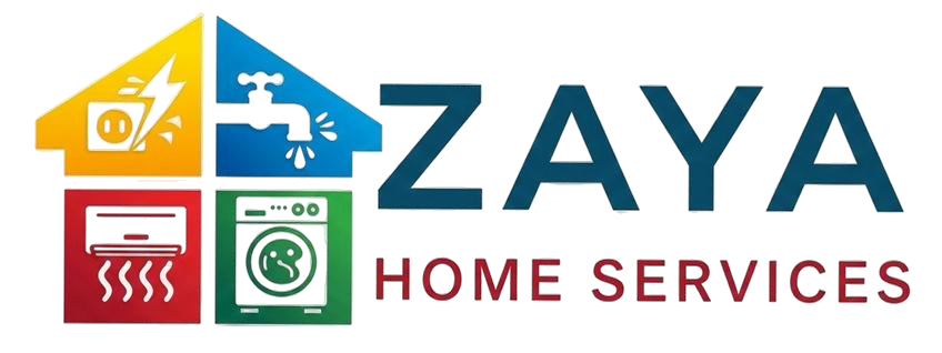 Logo for Zaya Home Services. A house divided into 4 squares, each with a different appliance or utility and the company name.