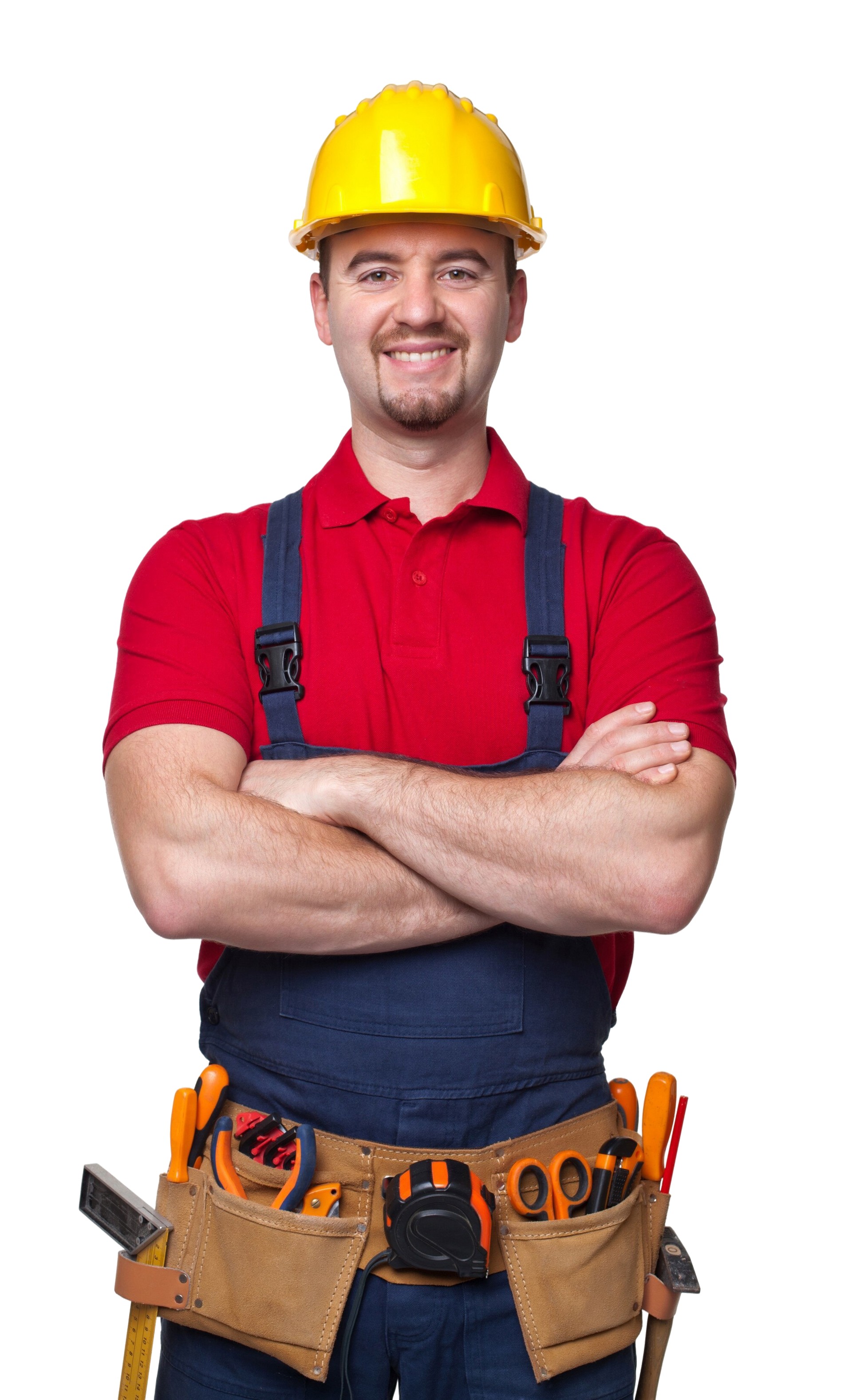 Construction worker in yellow hard hat, arms crossed, smiling. Wearing red shirt, blue overalls, and tool belt.