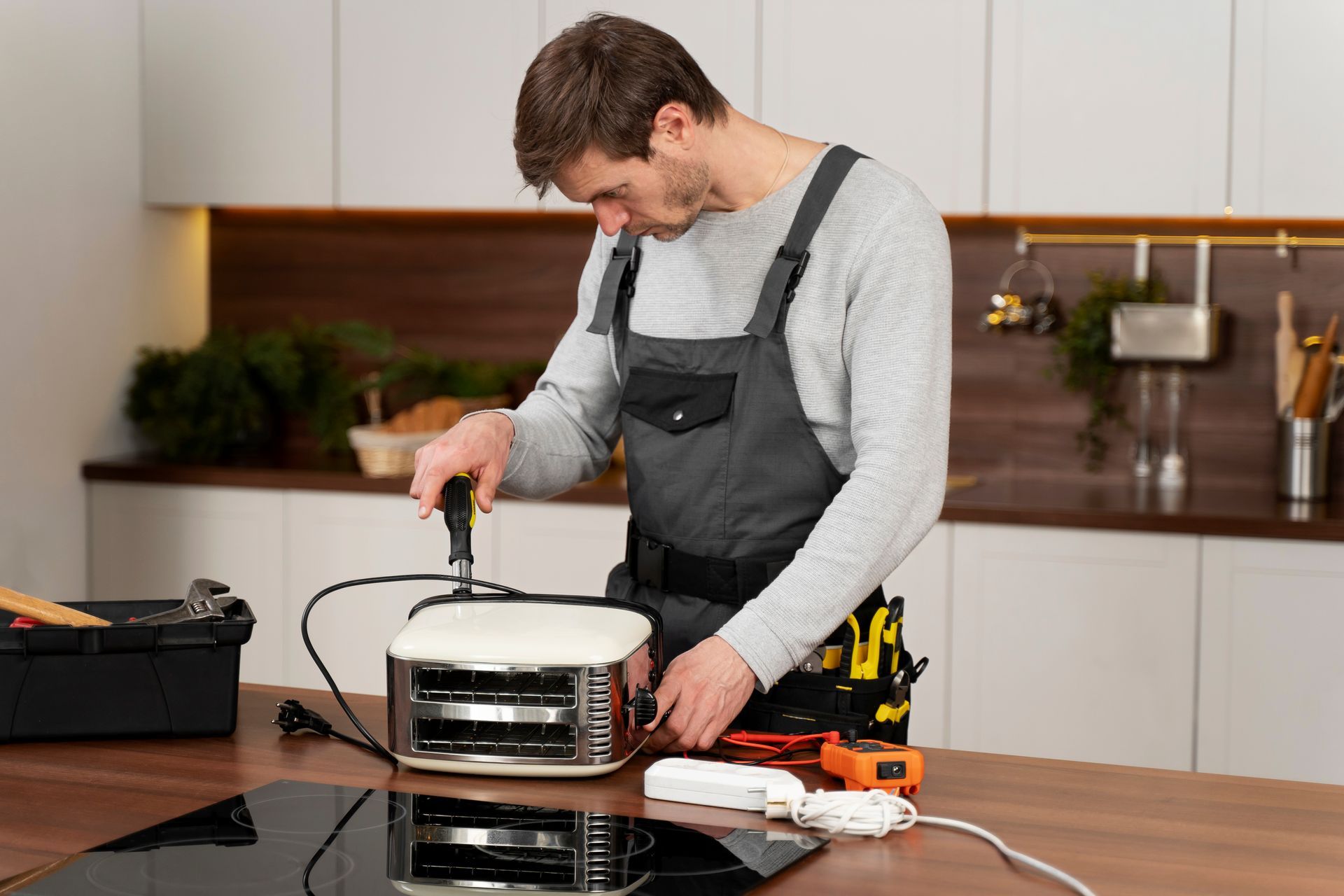 Man in overalls repairs a toaster in a kitchen, using tools from a toolbox on a wooden counter.