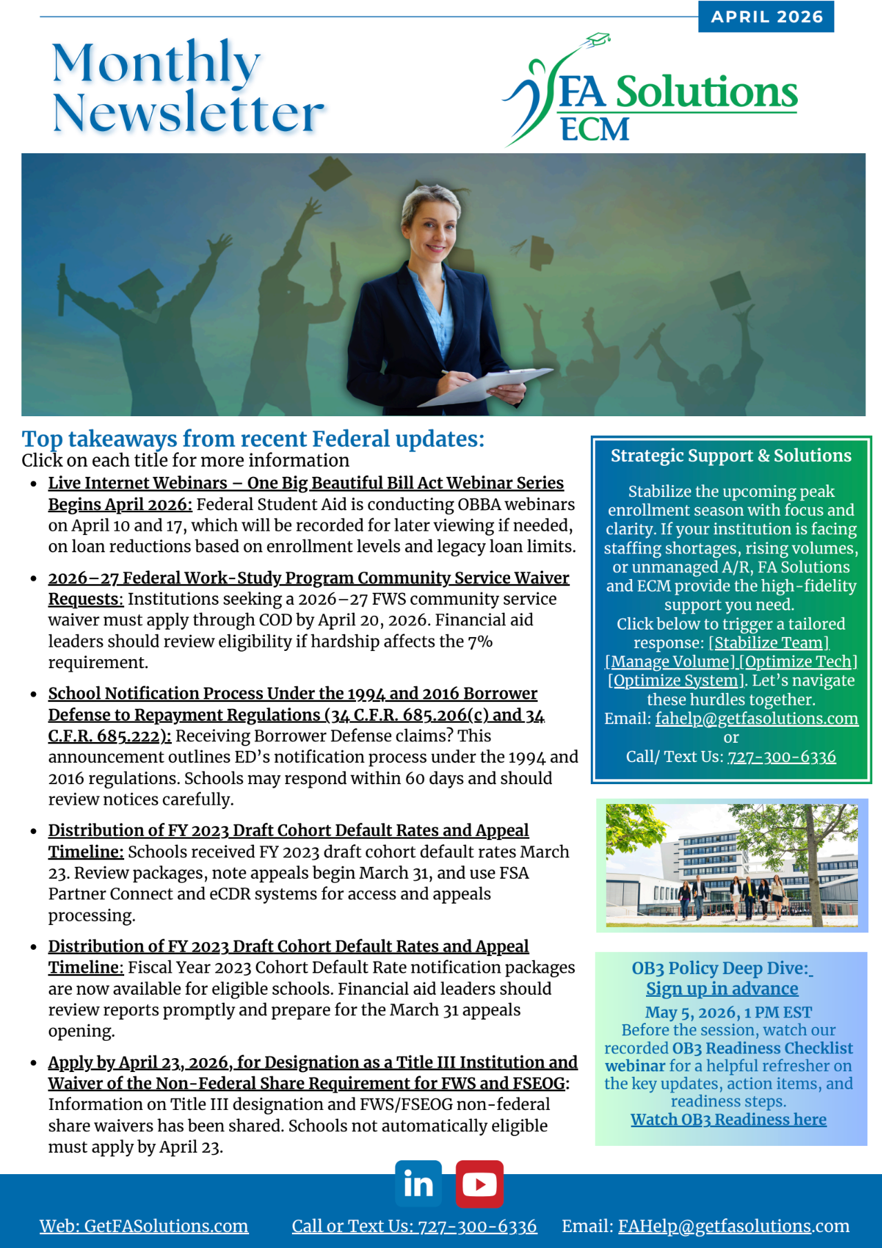 Newsletter for FA Solutions featuring a professional holding a folder against a backdrop of graduation silhouettes.