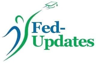 A logo for Fed-Updates featuring a stylized blue and green abstract figure wearing a graduation cap.