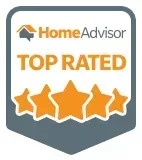 HomeAdvisor Top Rated badge: gray and white shield with orange text and stars.