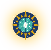 Compass rose design with teal, gold, and blue elements.