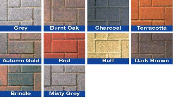 Nine colored paving stone samples, including gray, burnt oak, charcoal, terracotta, autumn gold, red, buff, dark brown, brindle and misty grey.