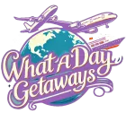 The logo for what a day getaways shows a plane flying over a globe.