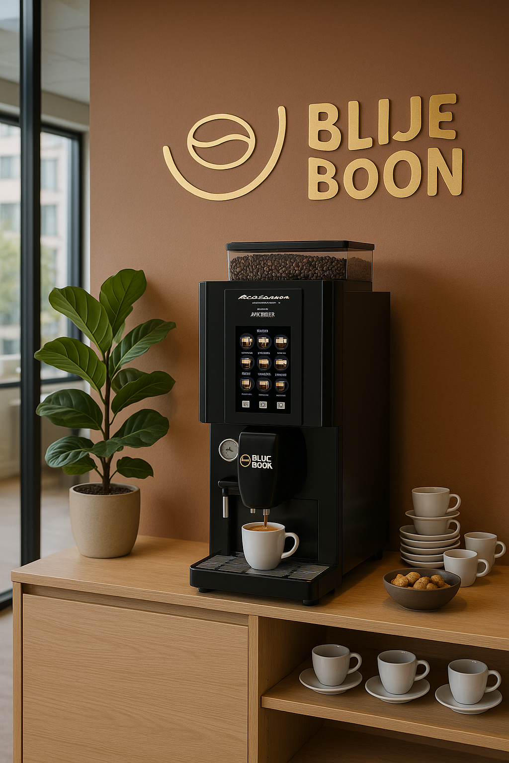 Zwart koffiezetapparaat dat koffie in een wit kopje zet, op een houten kast, met het logo