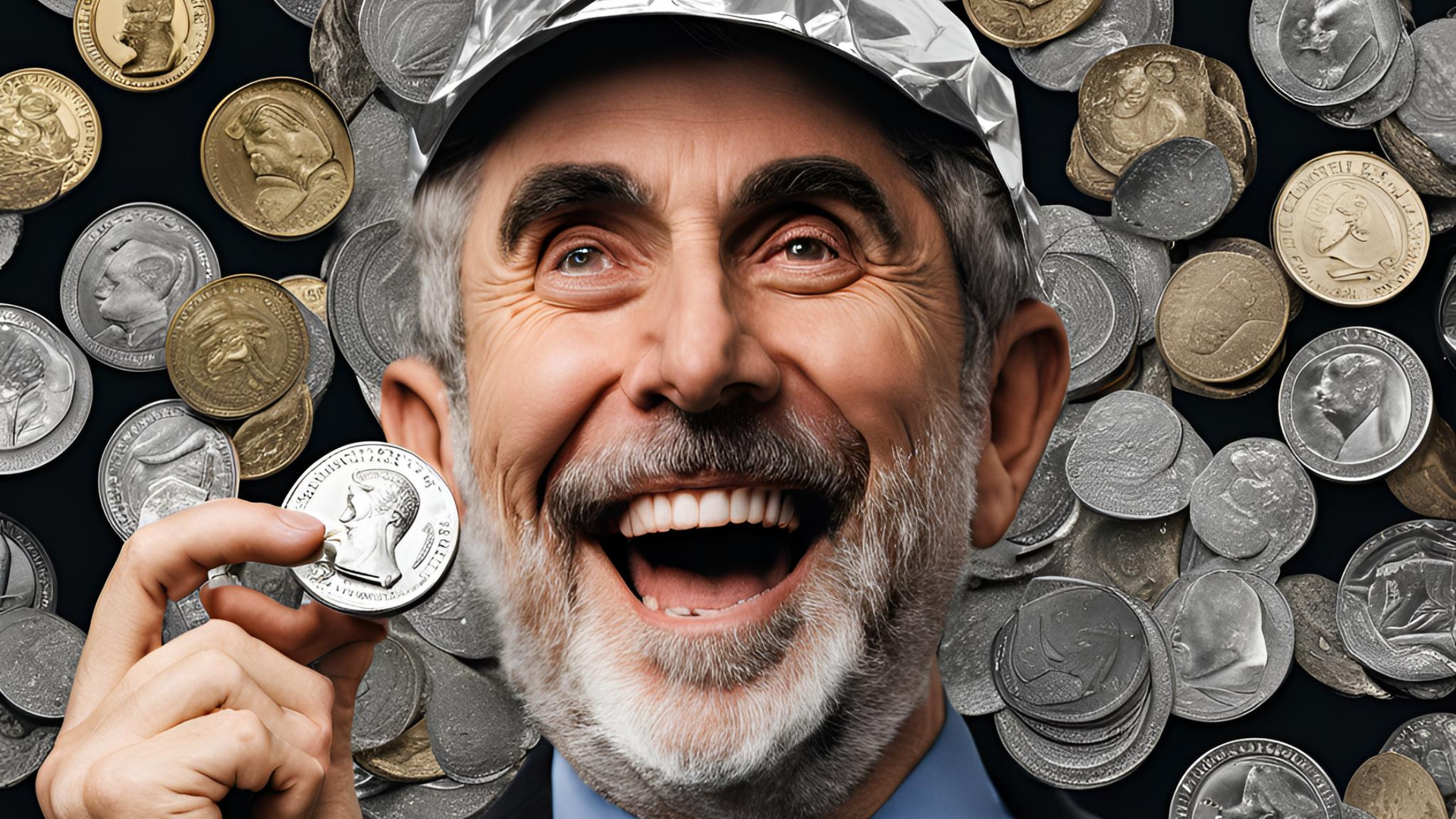 Paul Krugman, stoned and wearing a tin foil hat, holding a trillion dollar coin and grinning.