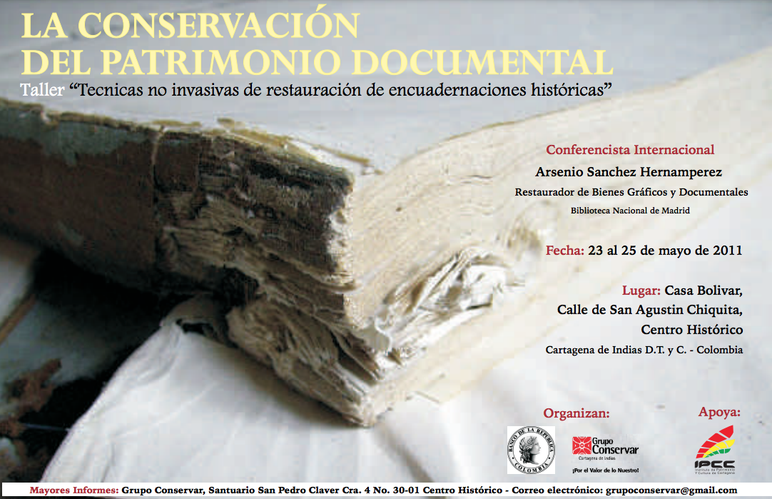 Cartel sobre un taller de conservación del patrimonio documental. Se exhibe un libro viejo y deteriorado.
