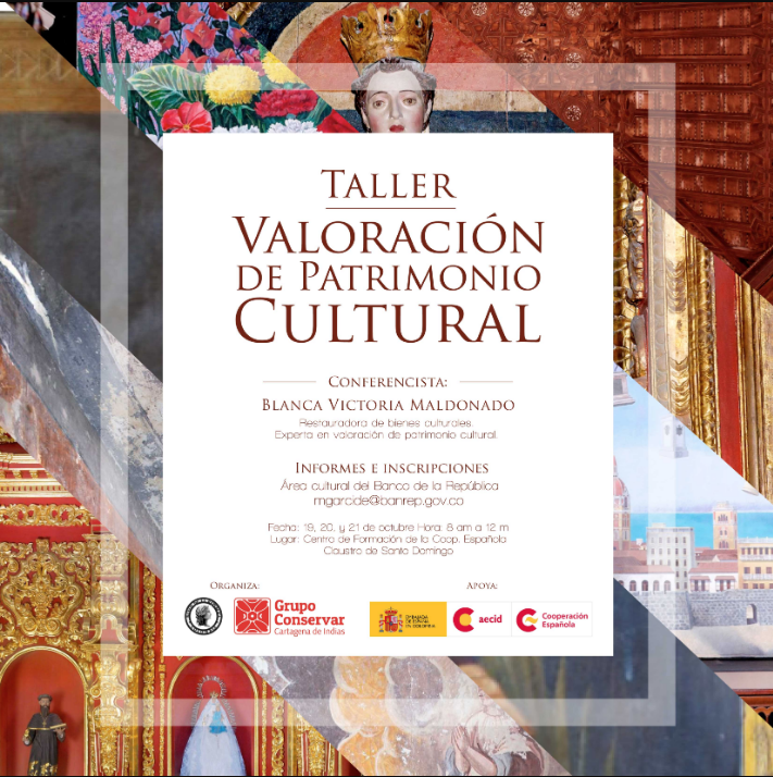 Cartel de un taller sobre patrimonio cultural con Blanca Victoria Maldonado. Incluye texto, imágenes y detalles del evento.