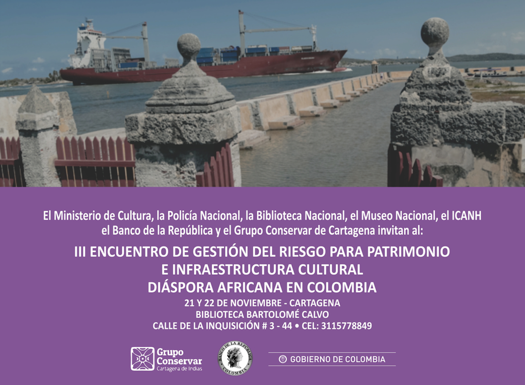 Cartel para una reunión sobre gestión de riesgos del patrimonio cultural. Presenta una escena portuaria y un texto

