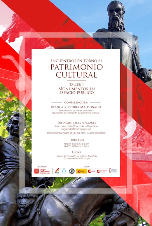 Cartel: Taller de Patrimonio Cultural, Monumentos en el Espacio Público. Con estatuas y texto en rojo y blanco.