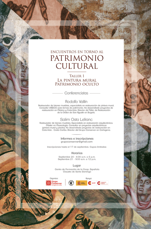 Cartel para un taller sobre patrimonio cultural en español. Presenta texto y un fondo difuminado de una pintura al fresco.