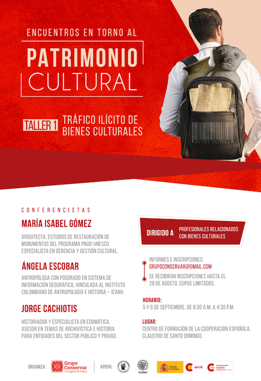 Cartel de un taller sobre patrimonio cultural. Texto sobre fondo rojo e imagen de una persona con mochila.