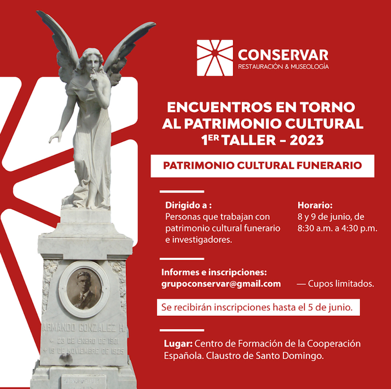 Volante para un taller sobre patrimonio cultural funerario en Santo Domingo, con una estatua de un ángel.