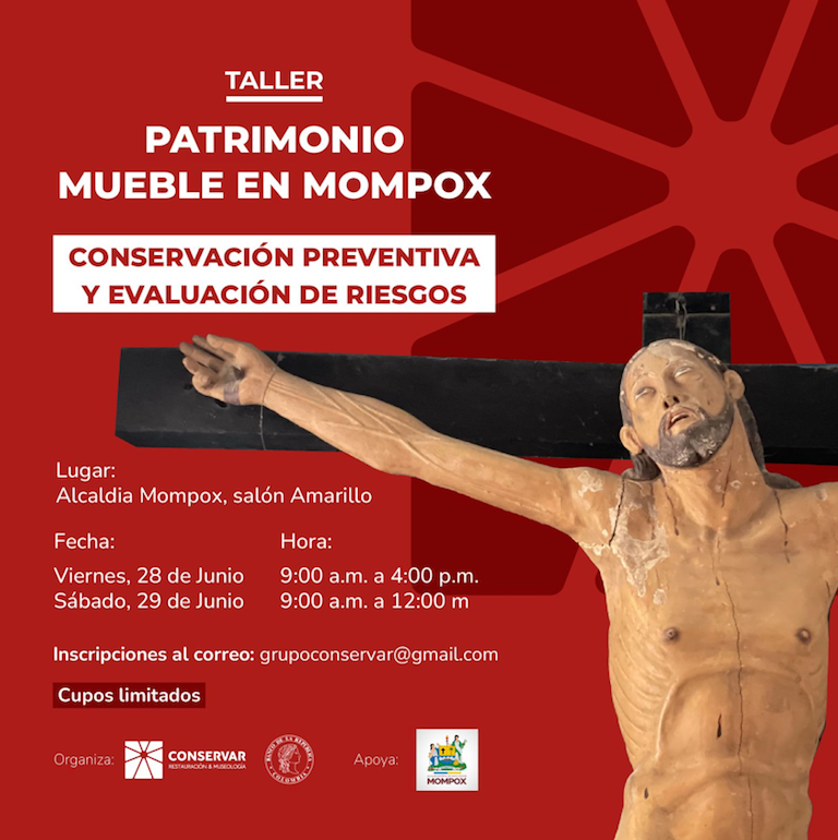 Folleto del taller "Mueble en Mompox" sobre preservación del patrimonio y evaluación de riesgos.
