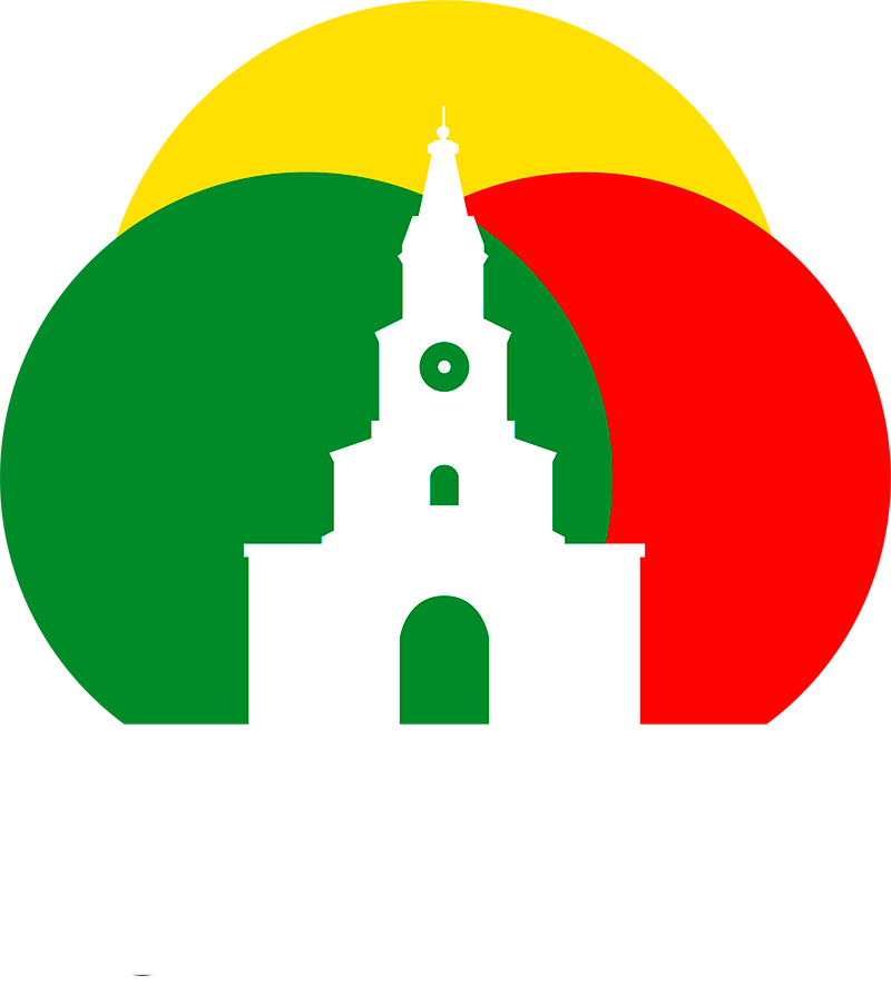 Silueta blanca de una iglesia dentro de círculos superpuestos de color verde, amarillo y rojo.