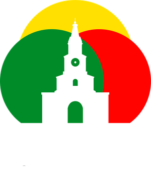 Silueta blanca de una iglesia dentro de círculos superpuestos de color verde, amarillo y rojo.
