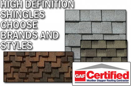 A sign that says high definition shingles choose brands and styles