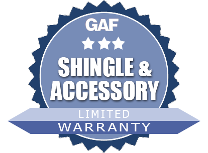 A blue label that says gaf shingle and accessory limited warranty