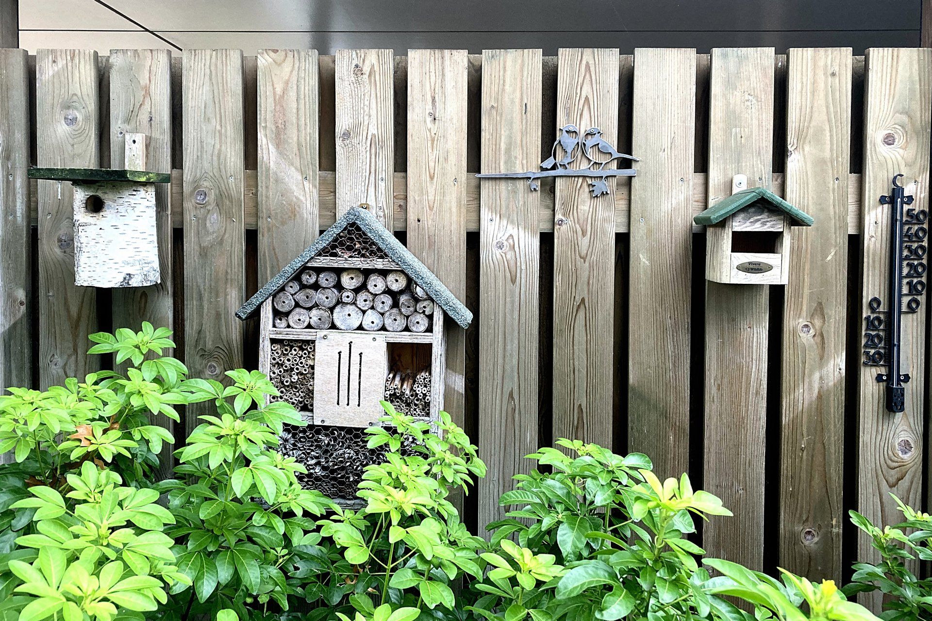 Een houten hek met een aantal vogelhuisjes erop.