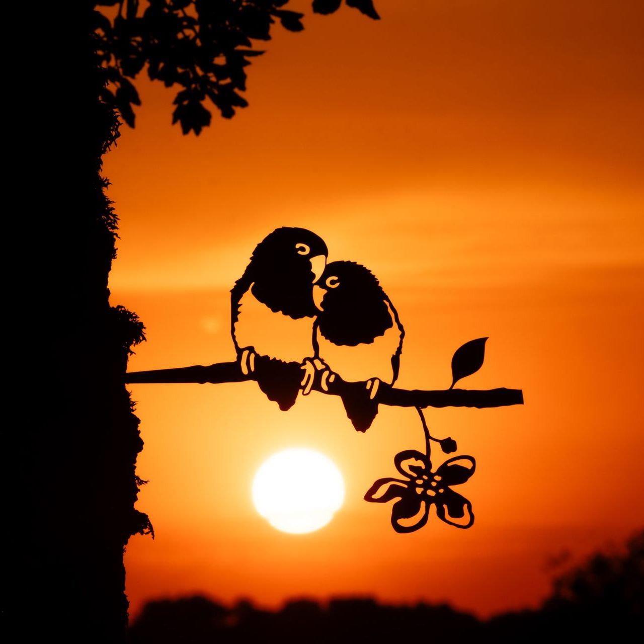 Een paar vogels zittend op een tak bij zonsondergang