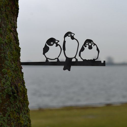 Drie vogels zitten op een tak voor een watermassa