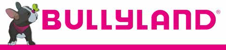 Logo di Bullyland, raffigurante un bulldog francese con una farfalla e il nome del marchio in rosa.