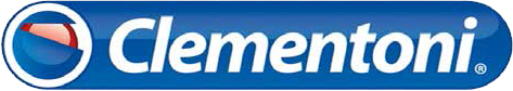Logo Clementoni in testo bianco su un ovale blu. Presenta anche un motivo a spirale con colori rosso e arancione.