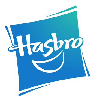 Logo Hasbro: marchio bianco e sorriso curvo su quadrato blu e verde.