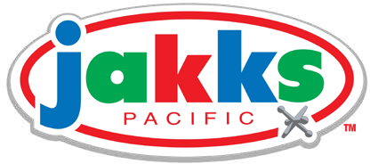 Logo di Jakks Pacific: testo colorato all'interno di un ovale rosso e bianco, con un jack giocattolo in basso.