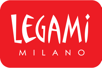 Logo Legami Milano: testo bianco su rettangolo rosso arrotondato. 
