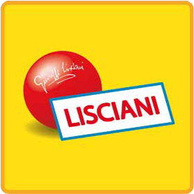 Logo Lisciani: sfera rossa con firma, rettangolo bordato di blu con la scritta 
