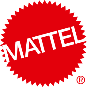Logo Mattel a forma di esplosione rossa con testo bianco.