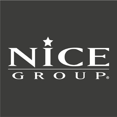 Logo per NICE GROUP, testo bianco su sfondo grigio scuro. Stella sopra 
