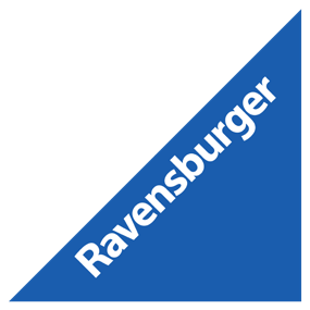 Logo Ravensburger: triangolo blu con testo bianco, su sfondo bianco.