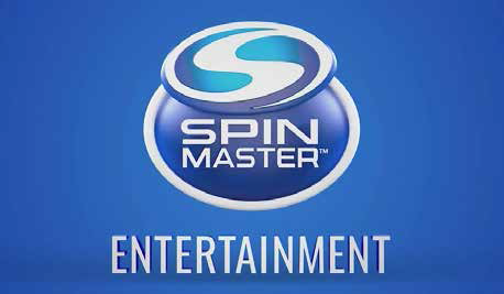 Logo Spin Master Entertainment su sfondo blu; cerchio bianco e blu con il simbolo 