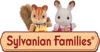 Logo Sylvanian Families: figure di scoiattolo e coniglio sopra un cartello di legno con il nome del marchio.