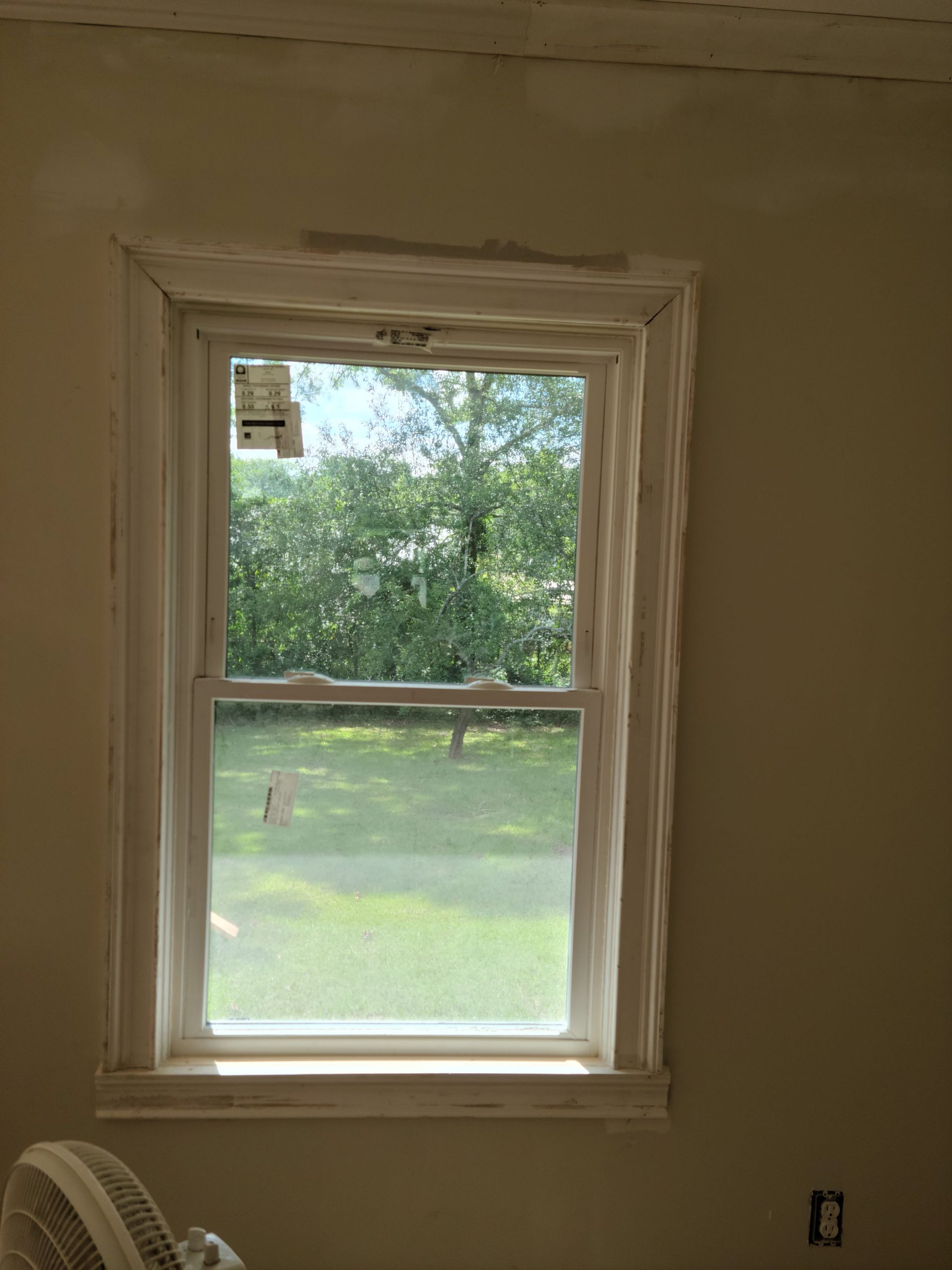 White-framed window with view of trees, trimmed with white molding on a beige wall.